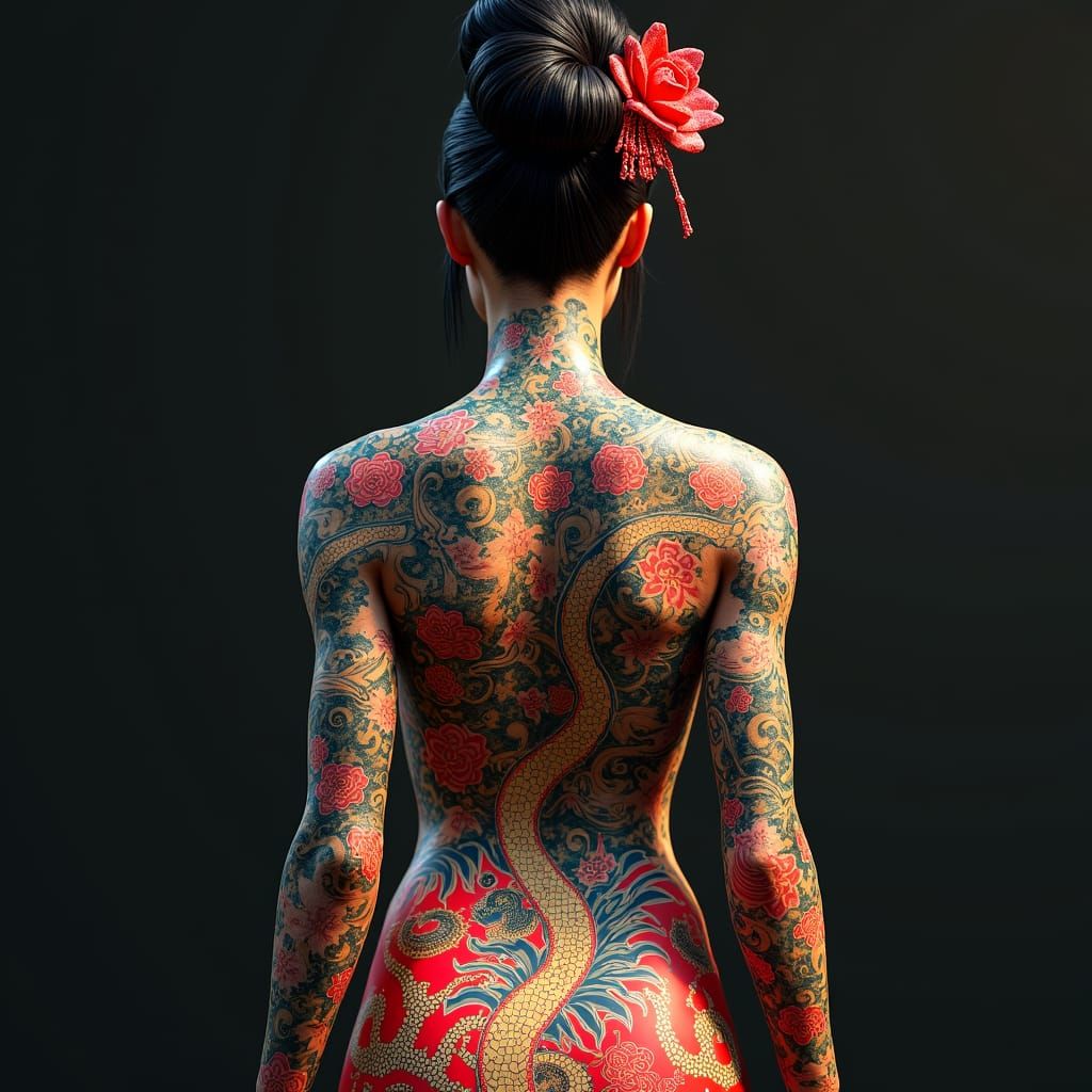 Yakuza Queen: Tattooed Back with Snakes and Dragons