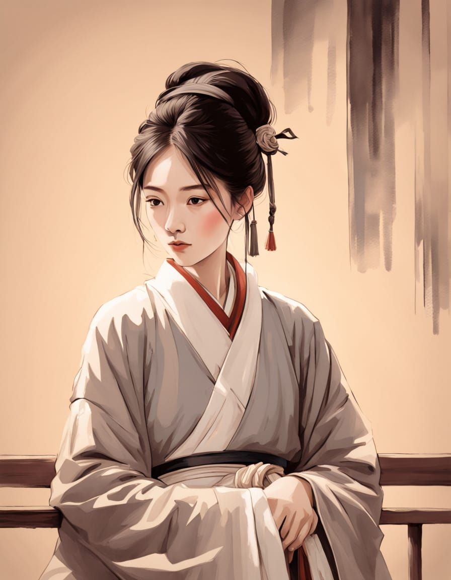 Woman in Traditional Asian Attire, Painterly Style
