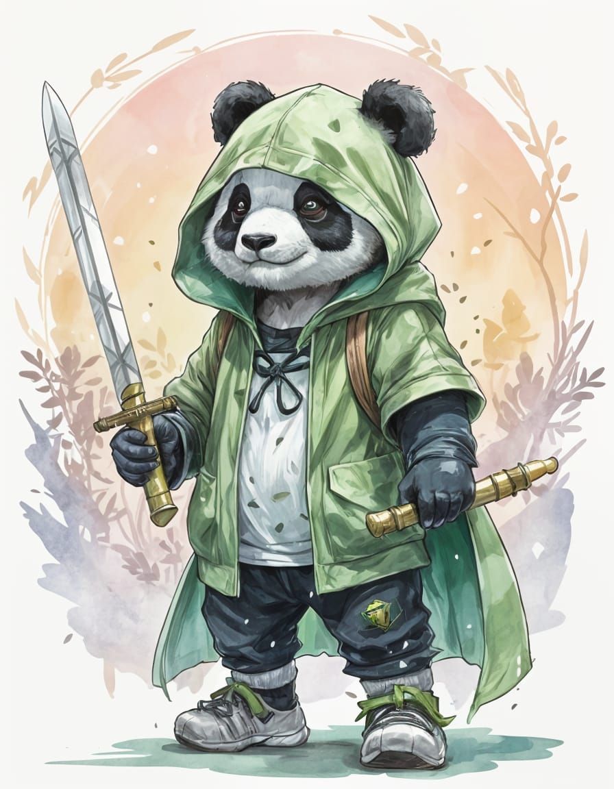 Panda Warrior with Bamboo Swords in Lofi Style