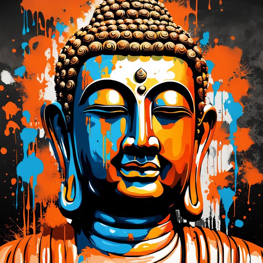 Orange Buddha Face: Graffiti Art Style