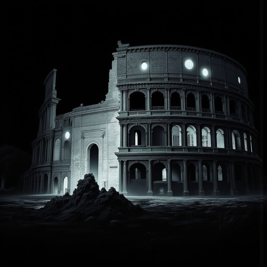 White Colosseum Against Black in Digital Art Style