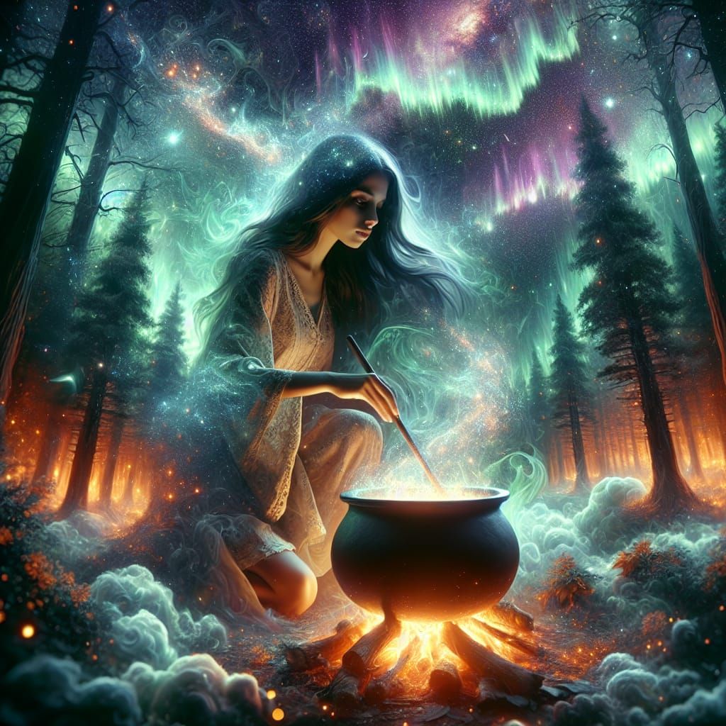 Enchanted Forest Witch Stirring Aurora Cauldron