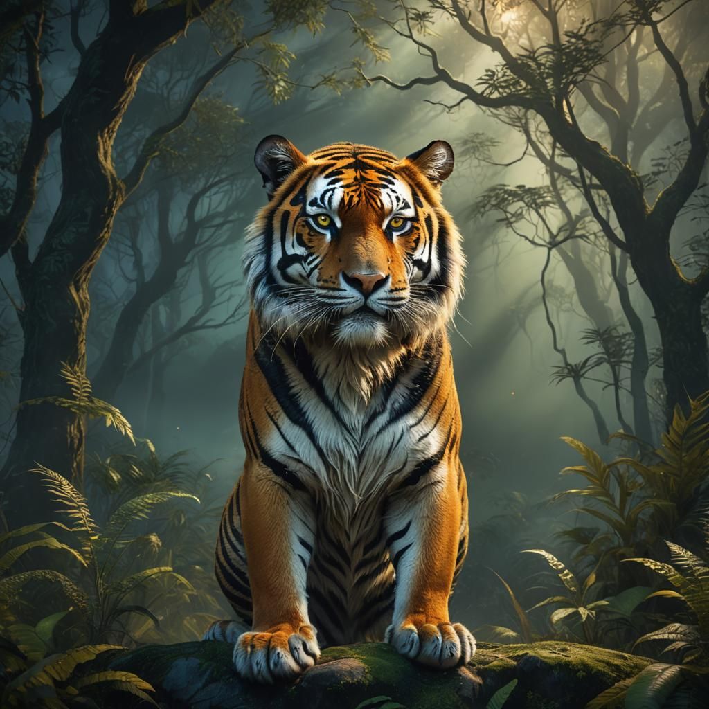Mystical Tiger Portrait in Moonlit Forest