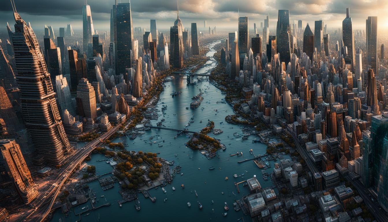 Detailed Cityscape Reflected in Water: Digital Art