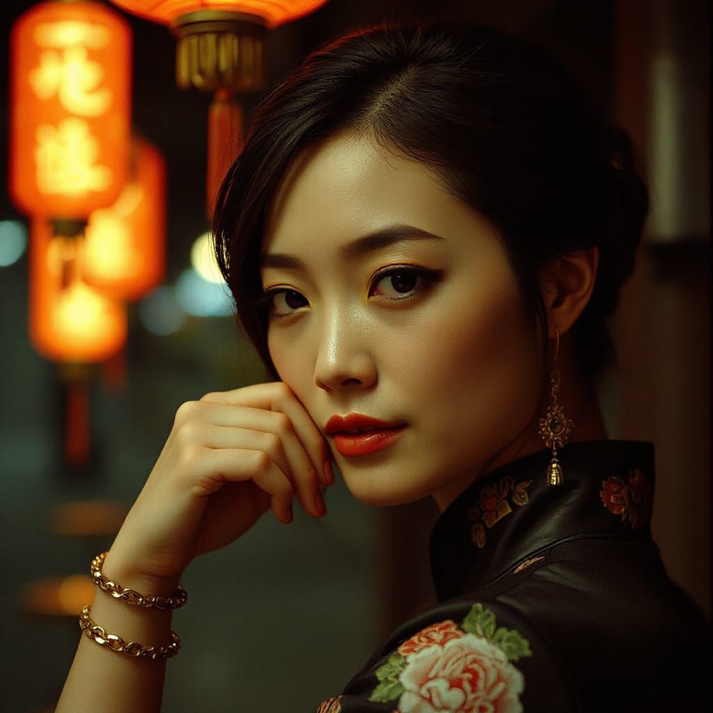Charming Chinese Woman in Dark Cinematic Style