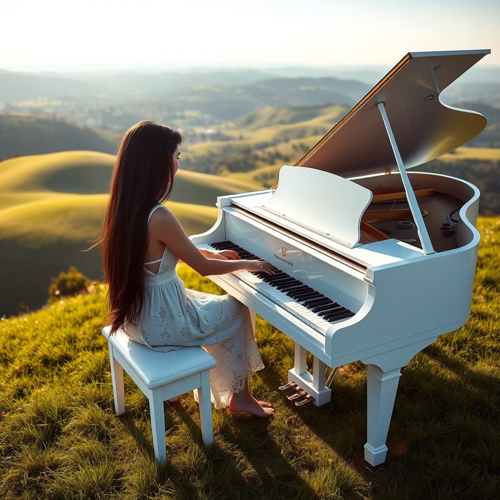 Elegant Woman Plays Piano on a Serene Summer Hillside