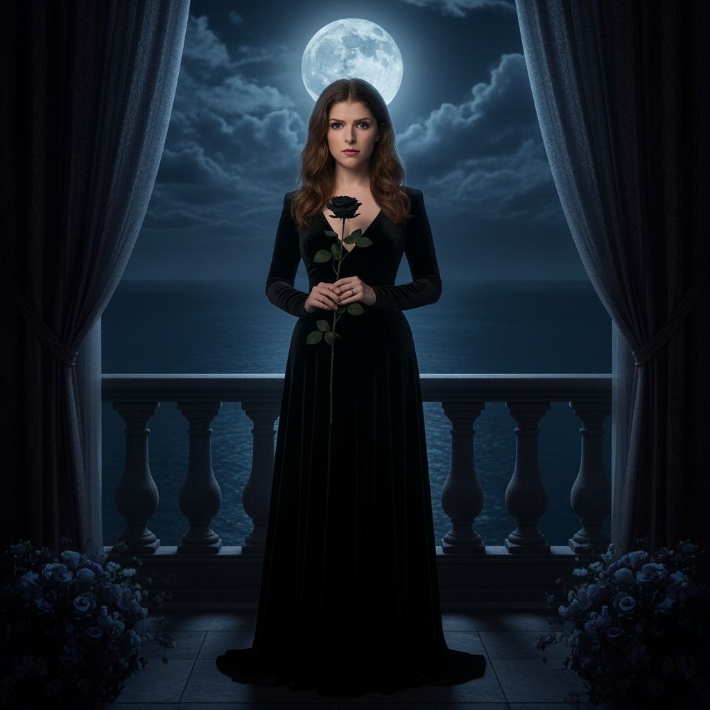 Moonlit Balcony: Woman with Rose in Matte Painting Style