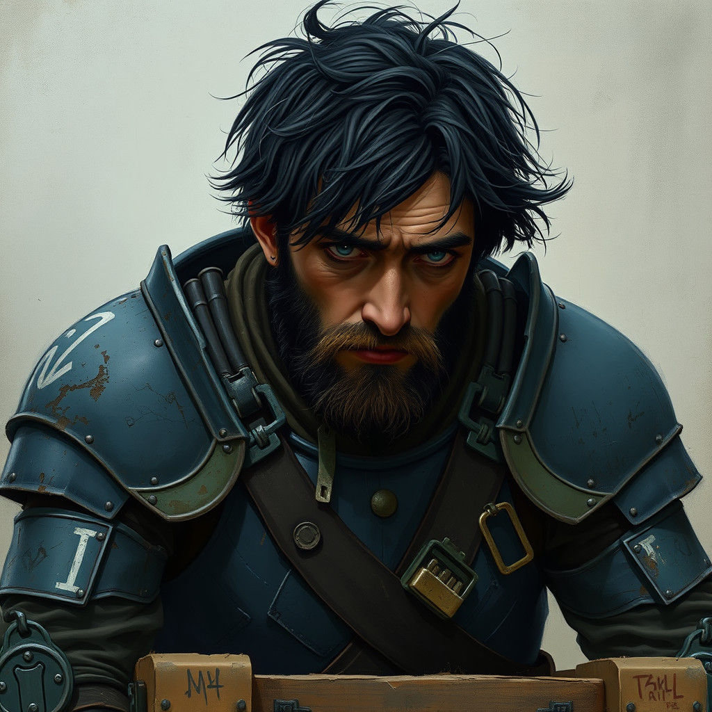 Weary Soldier in Blue Armor: Gritty Realism