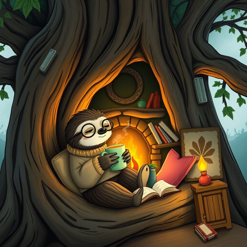 Cozy Sloth Enjoys Tea in Whimsical Treehouse Illustration