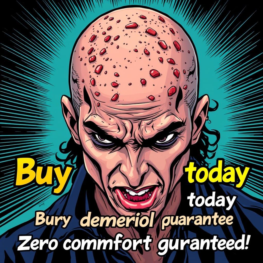 Michael Jackson is completely bald in an advertisement for wig rash he has sores all over his head words overlaid read "...