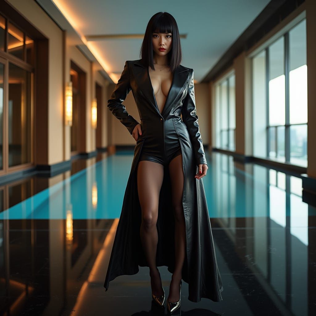 Japanese Woman in High-Fashion Penthouse, Futuristic Style