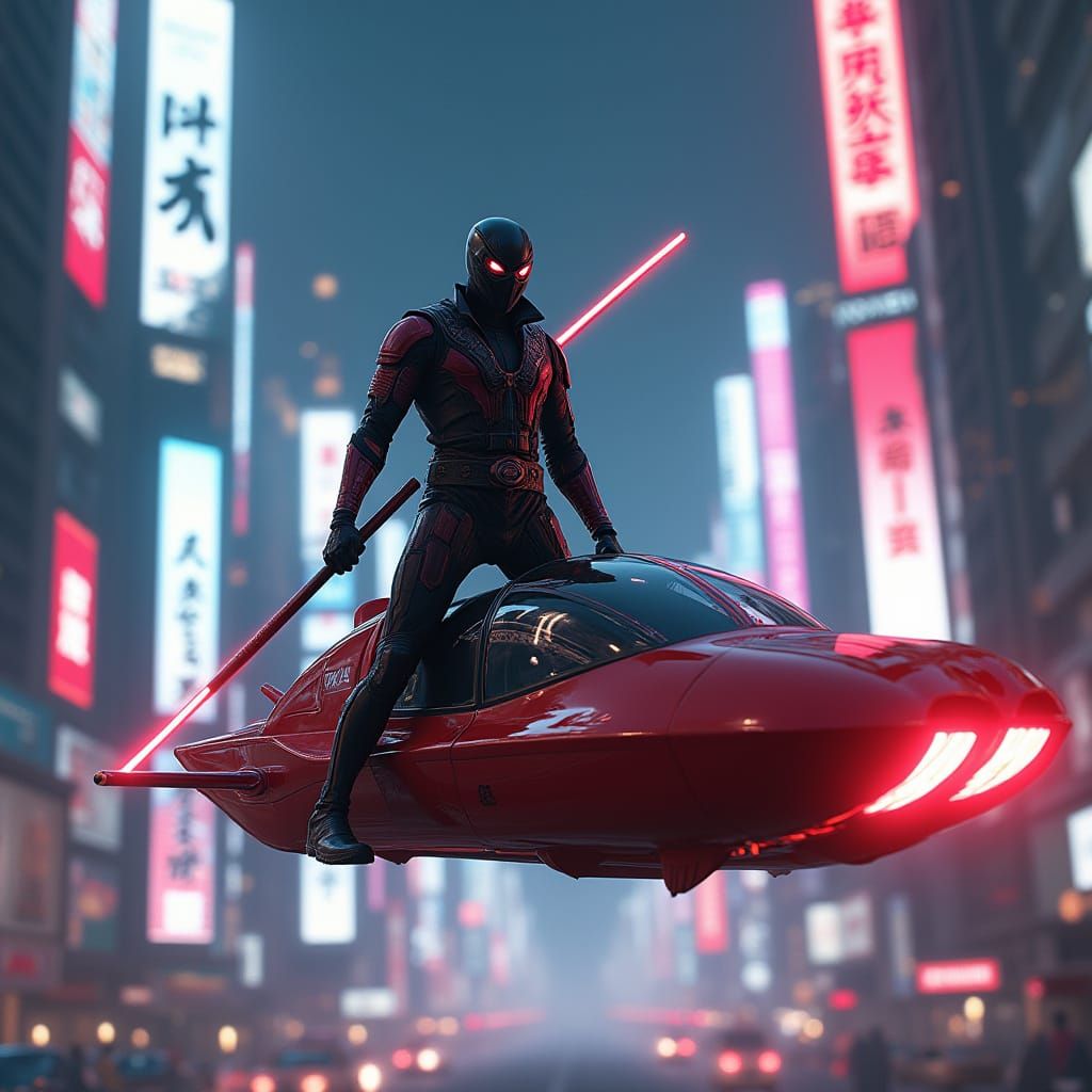 Futuristic Villain on Hovercraft in Neon City