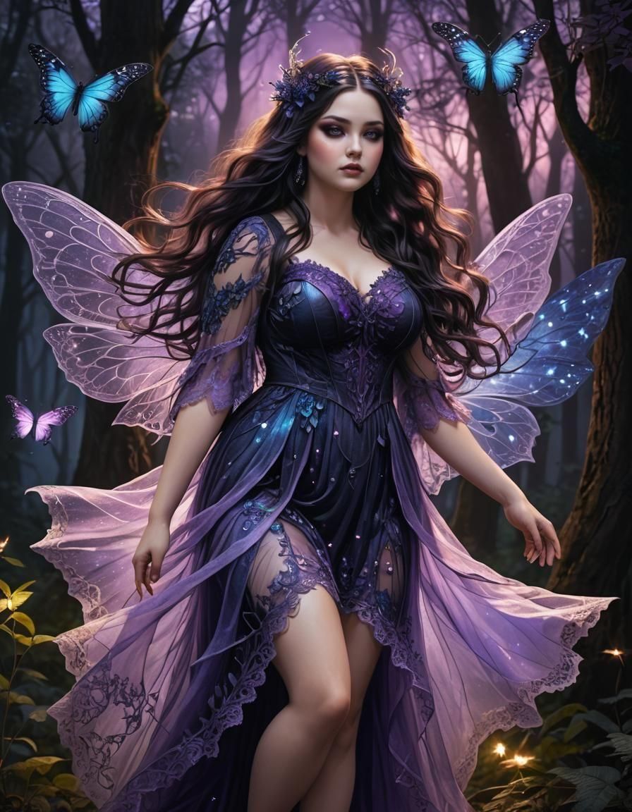 Beautiful Goth Fairy in Magical Forest at Night