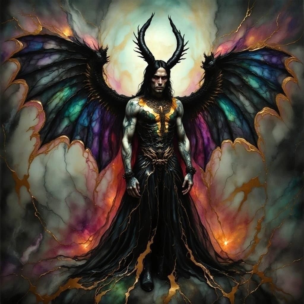 Rainbow Demon with Marble Wings, Alcohol Ink Painting