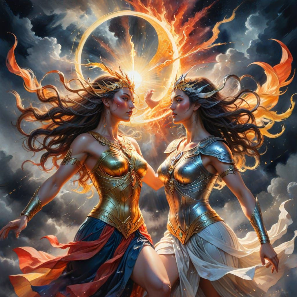 Epic Celestial Duel in Vibrant Watercolor