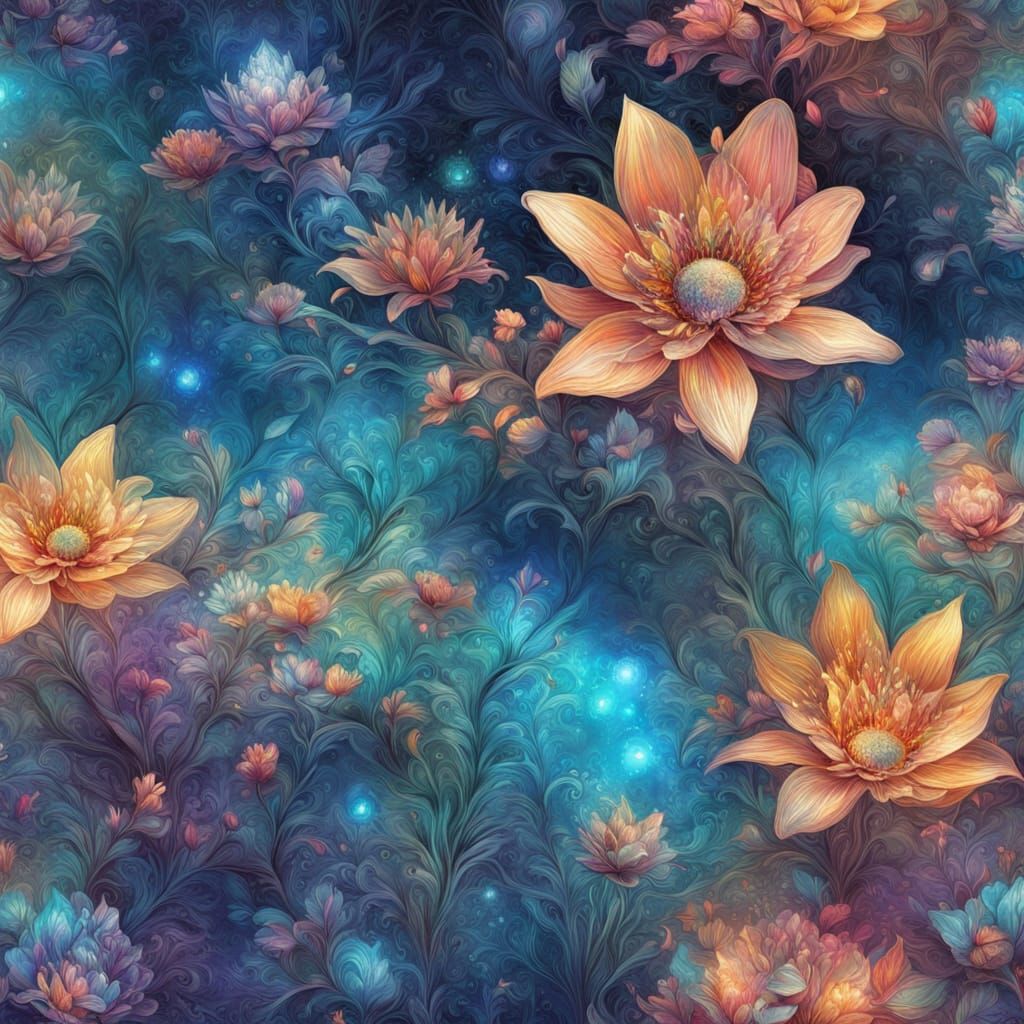 Psychedelic Beach Cove with Vibrant Flowers in Iridescent Hu...