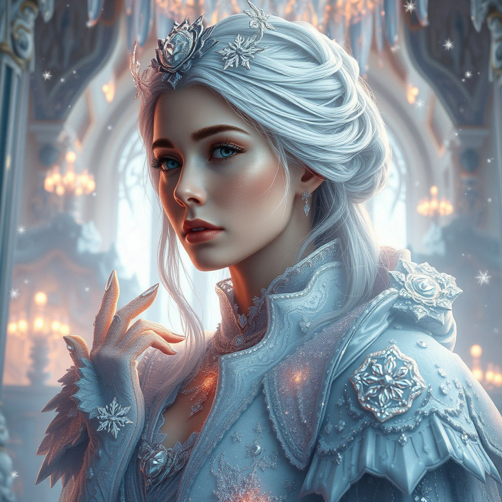 Icy Woman in Crystalline Palace: Hyper-Realistic Digital Art