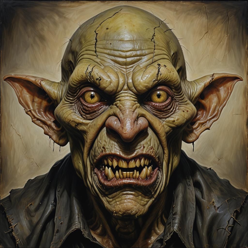 A hyperrealistic oil painting depicting a terrifying, old goblin-like creature with wrinkled, leathery skin. The creatur...