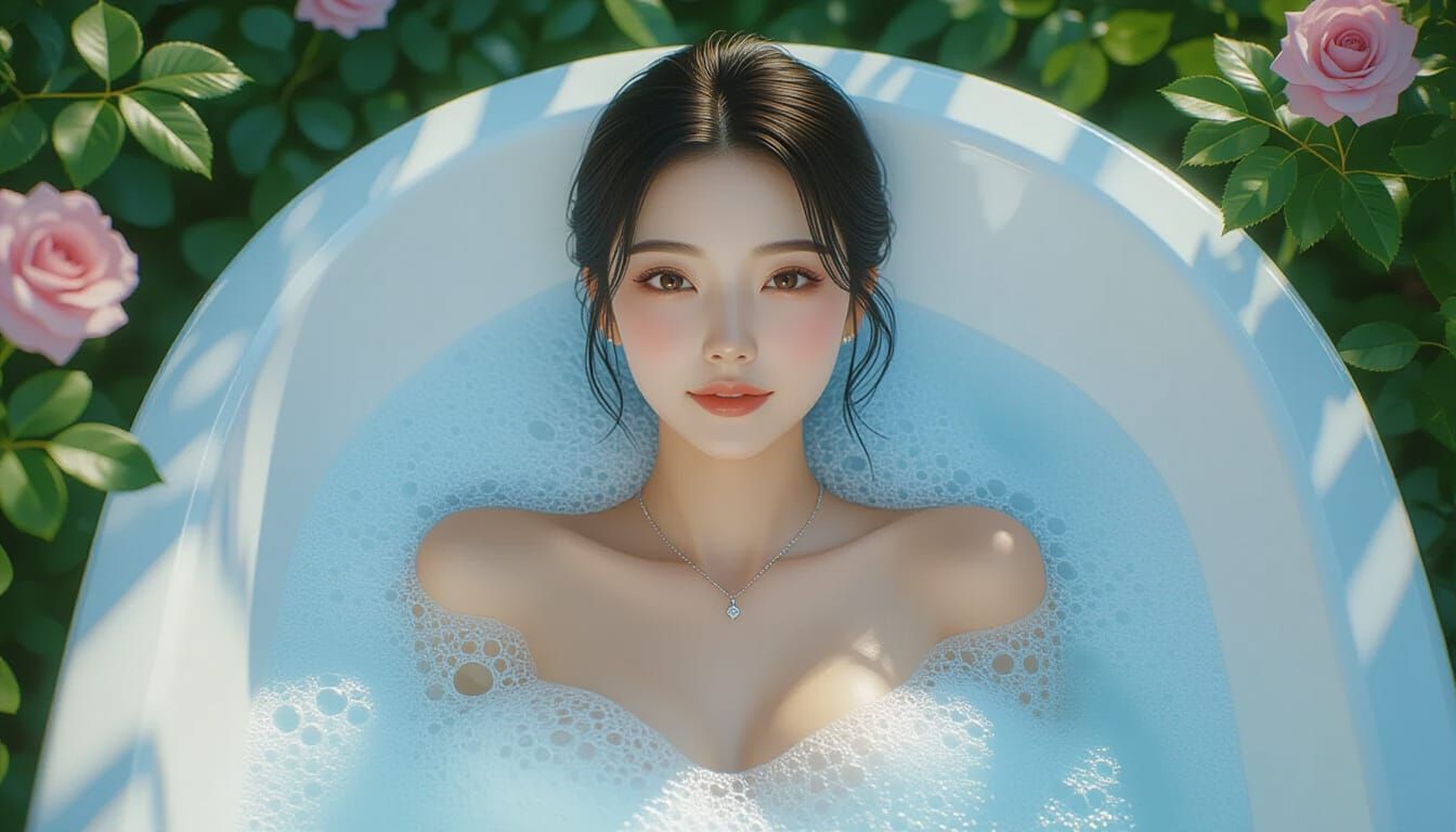 East Asian Woman's Relaxing Bubble Bath in Rose Garden