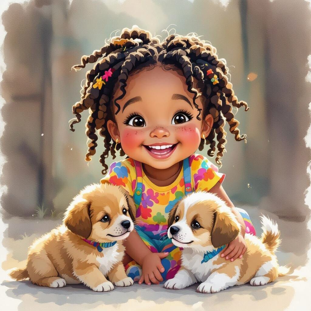 Happy Girl with Puppies in Watercolor Style