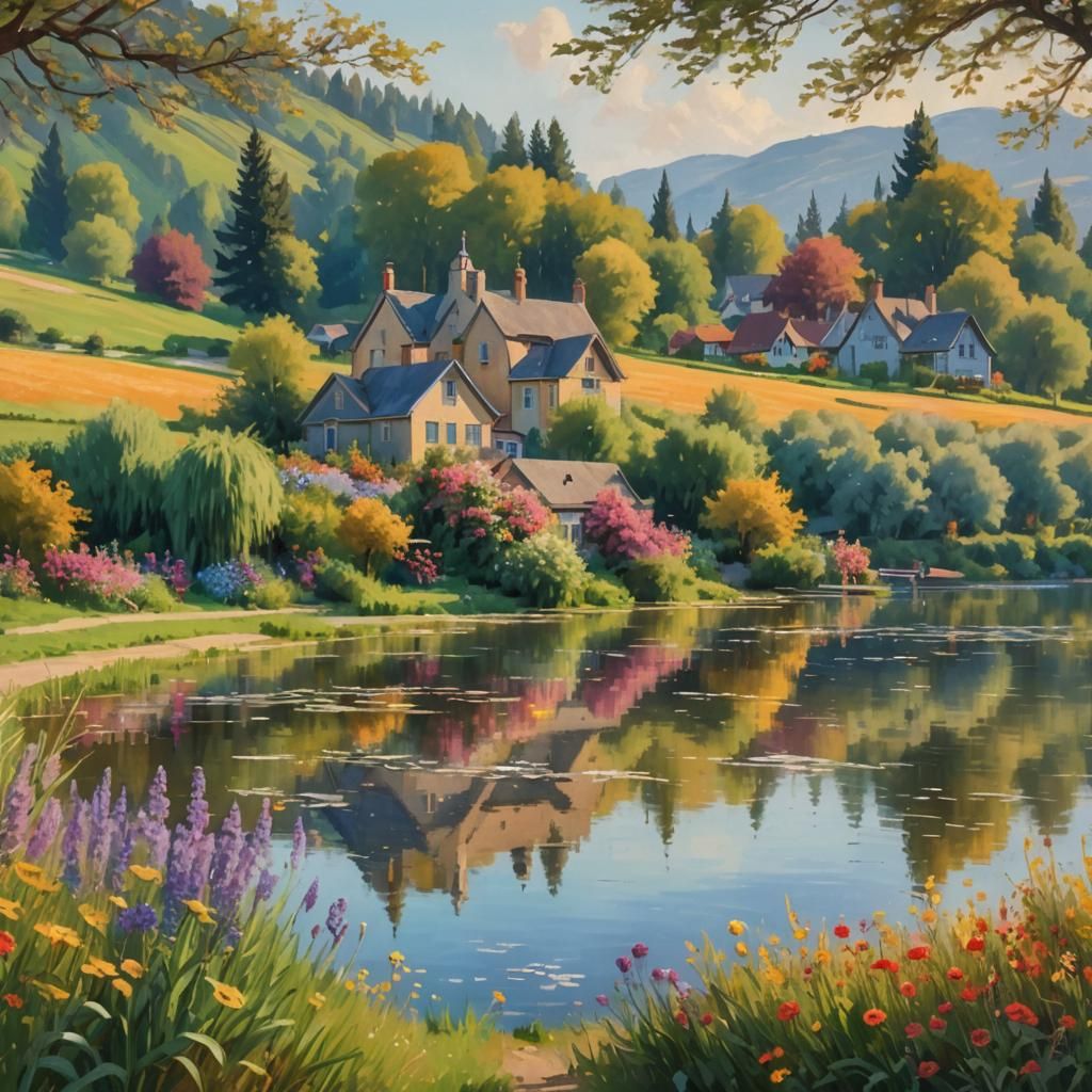 Impressionist Lakeside Village in Golden Light