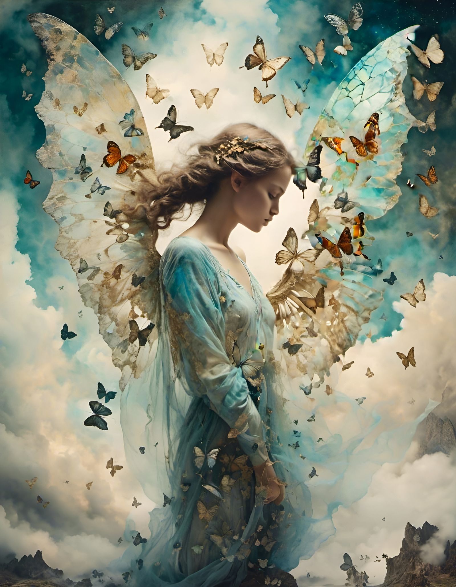 Double Exposure Angel and Butterfly in Hyperkraximalism