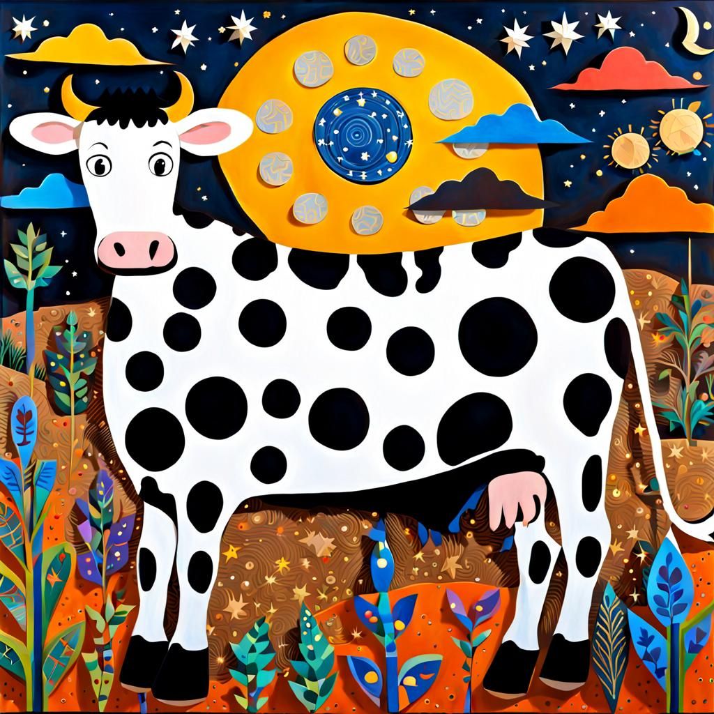 Whimsical Cow Over the Moon in Folk Art Style
