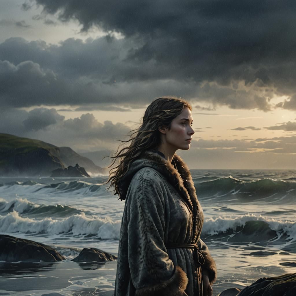 Selkie Gazes at the Ocean in Watercolor Style