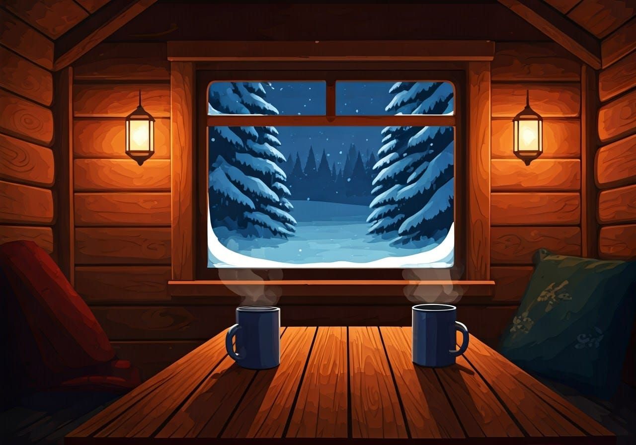 Cozy Cabin Scene with Snowy Forest, Vector Art
