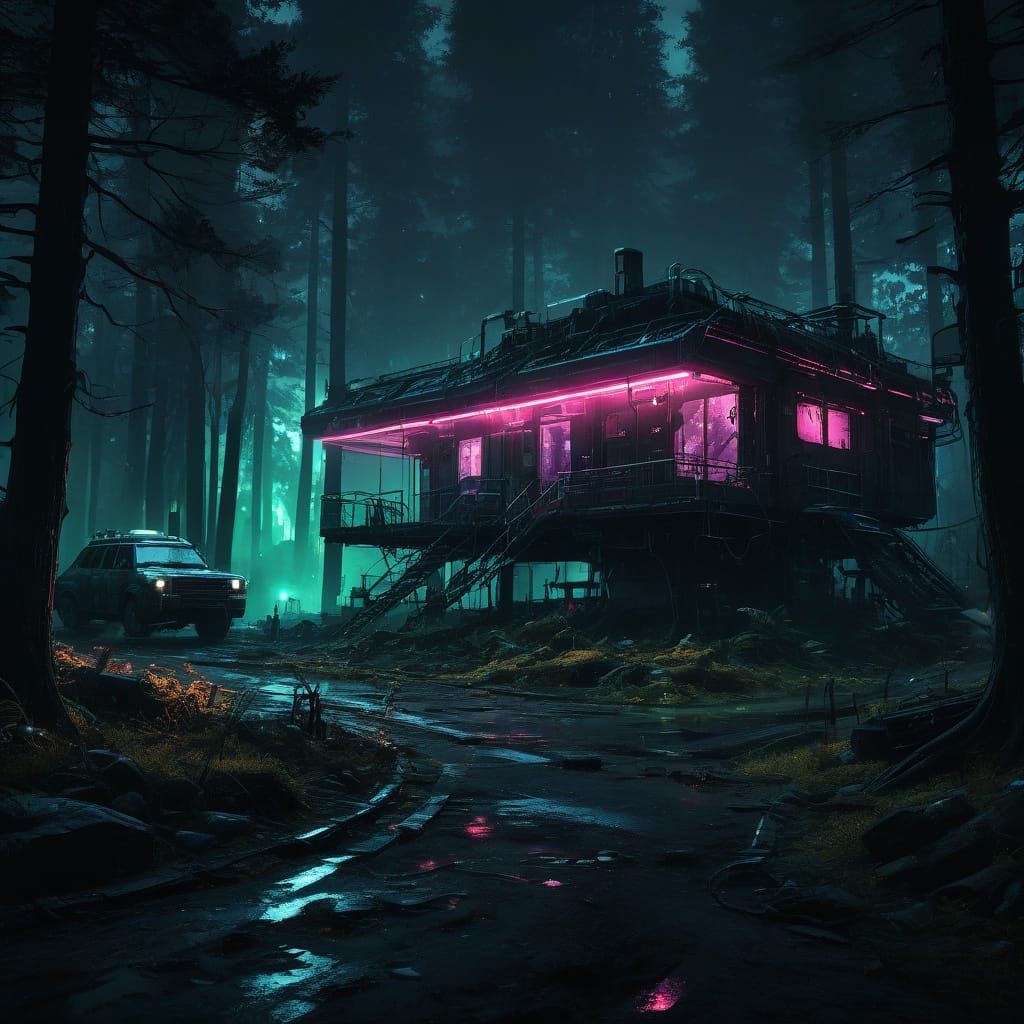 Cyberpunk Cabin in the Heart of the Dystopian Woods