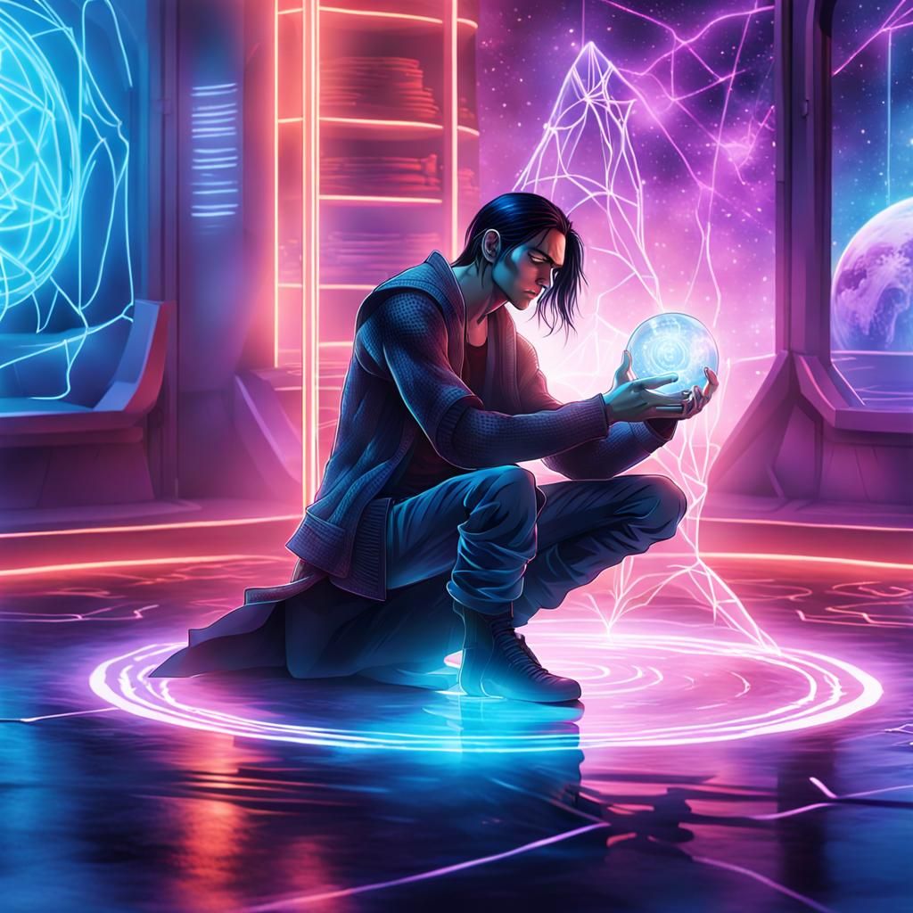 Cyberpunk Mage Casting Spell in Magic Dome