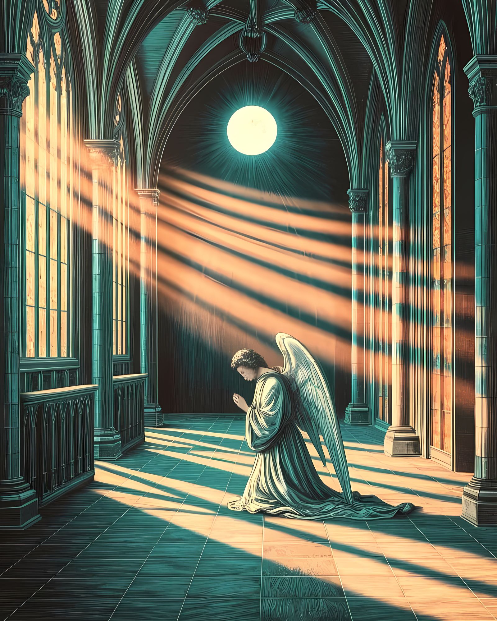Sublime Angelic Contemplation in Gothic Cathedral