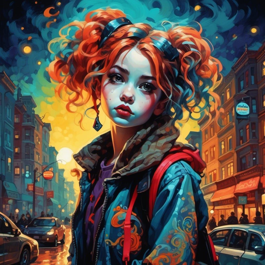 Pop Surrealist Woman in City Street at Dusk