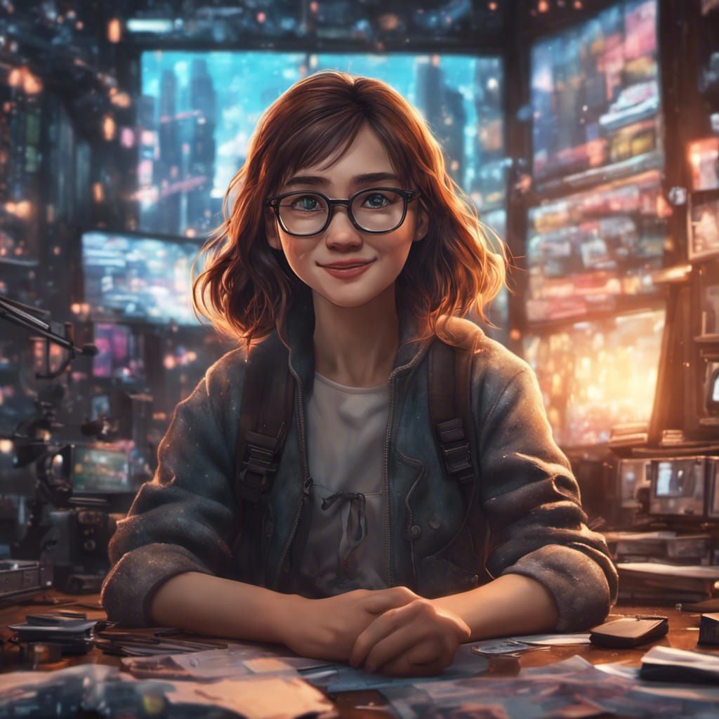 Girl in Cyberpunk Room, Studio Ghibli Style