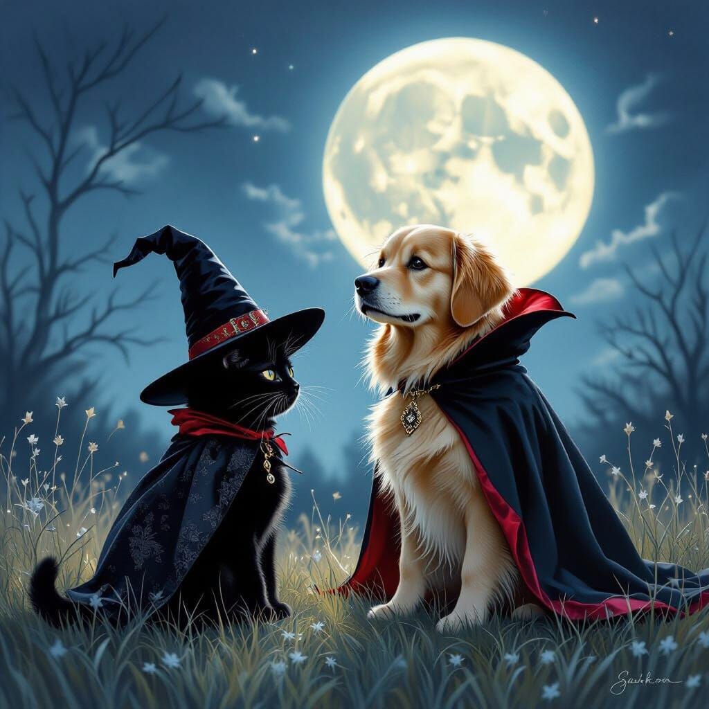 Whimsical Witch Cat and Vampire Dog Under Full Moon