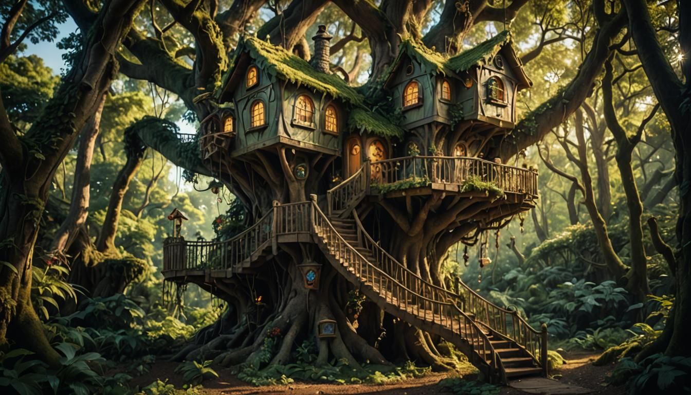 Enchanted Fairy Treehouse in Cinematic Forest
