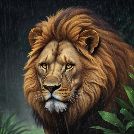 Abstract Lion and Girl in Rainy Jungle