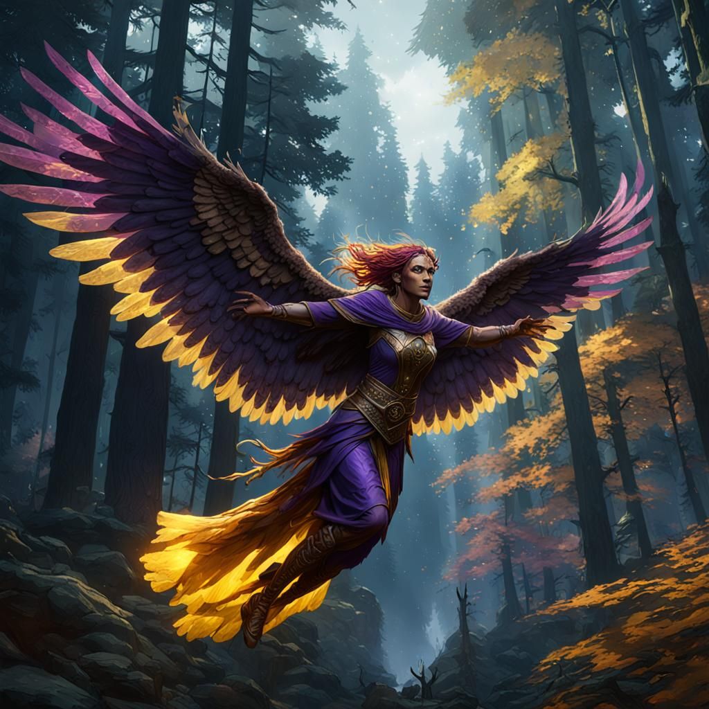 Hawk Woman Flies Above Forest: Dark Fantasy Art