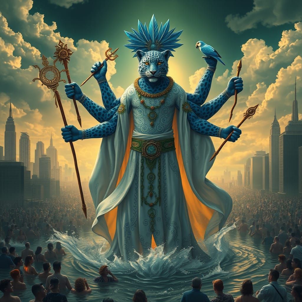 Blue Leopard Shaman in Great Flood, Mystical Art