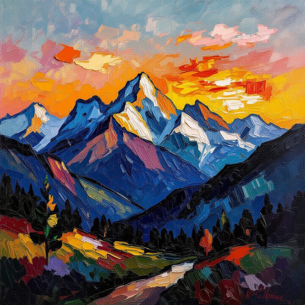 Majestic Mountain Landscape Impasto Oil Painting