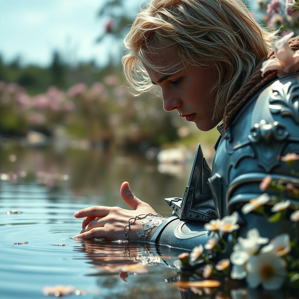 The young handsome blonde knight in his twenties is dressed ...