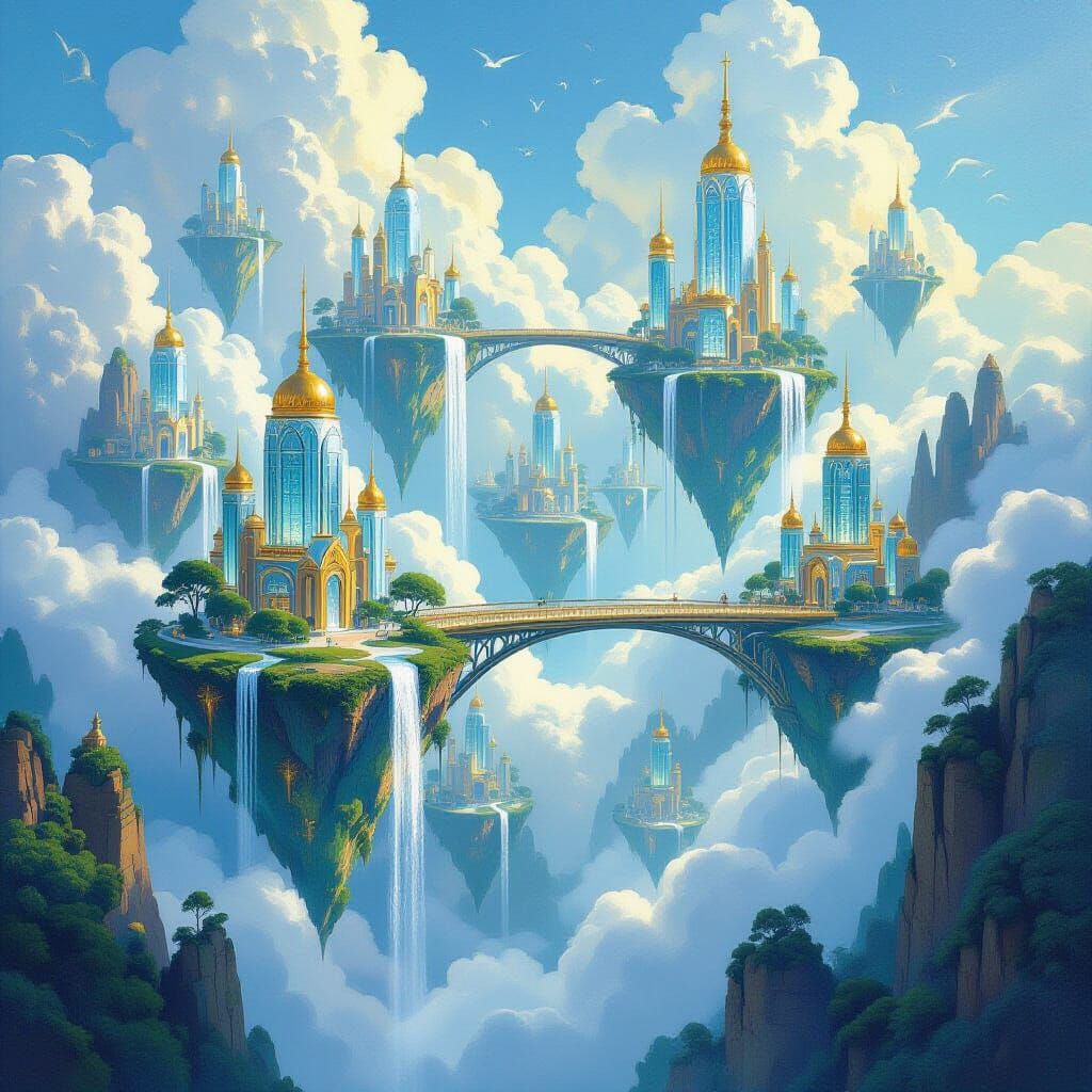 Floating Island Cityscape with Waterfalls as Oil Painting