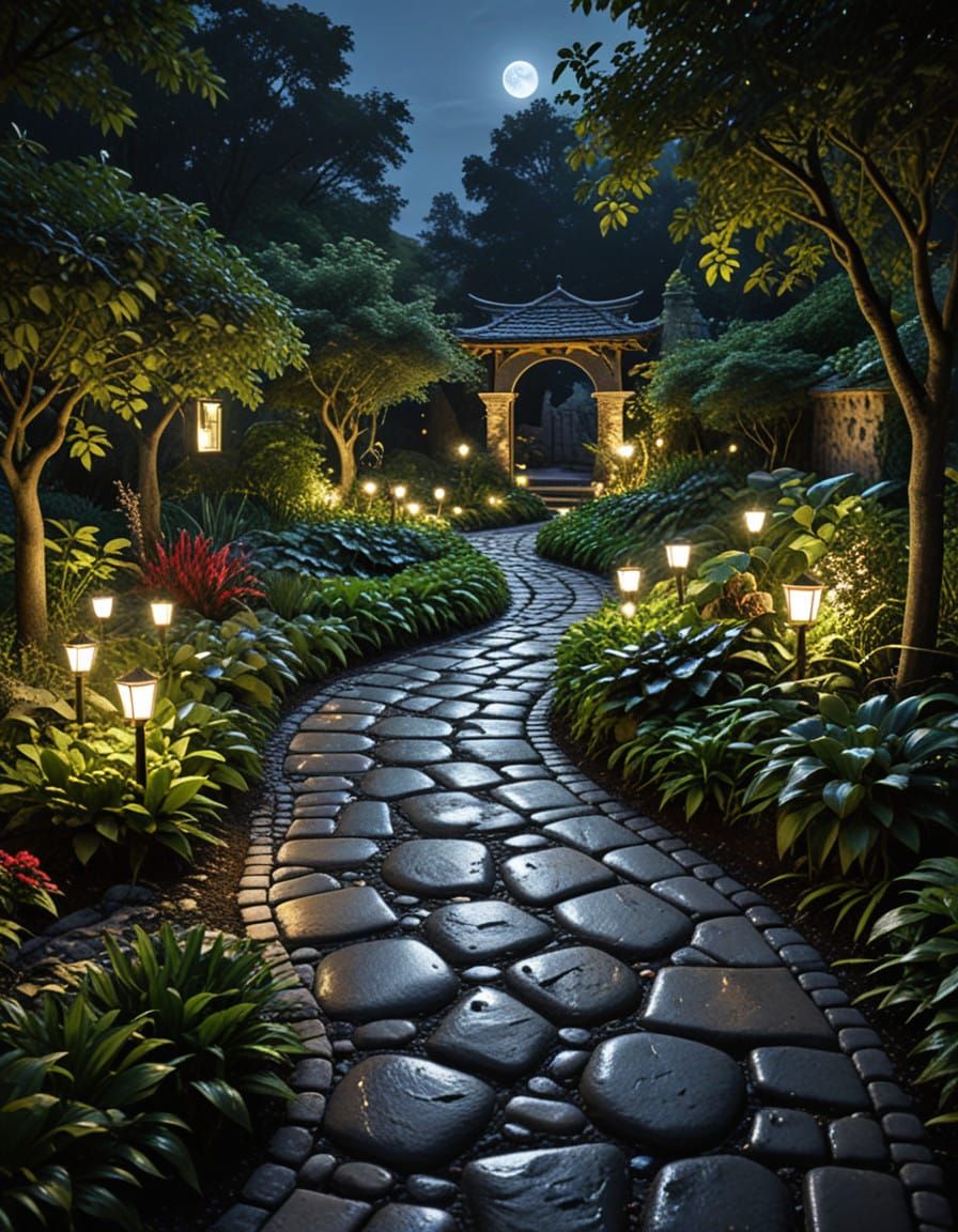 Moonlit Garden Pathway Unfolds Under Full Moon