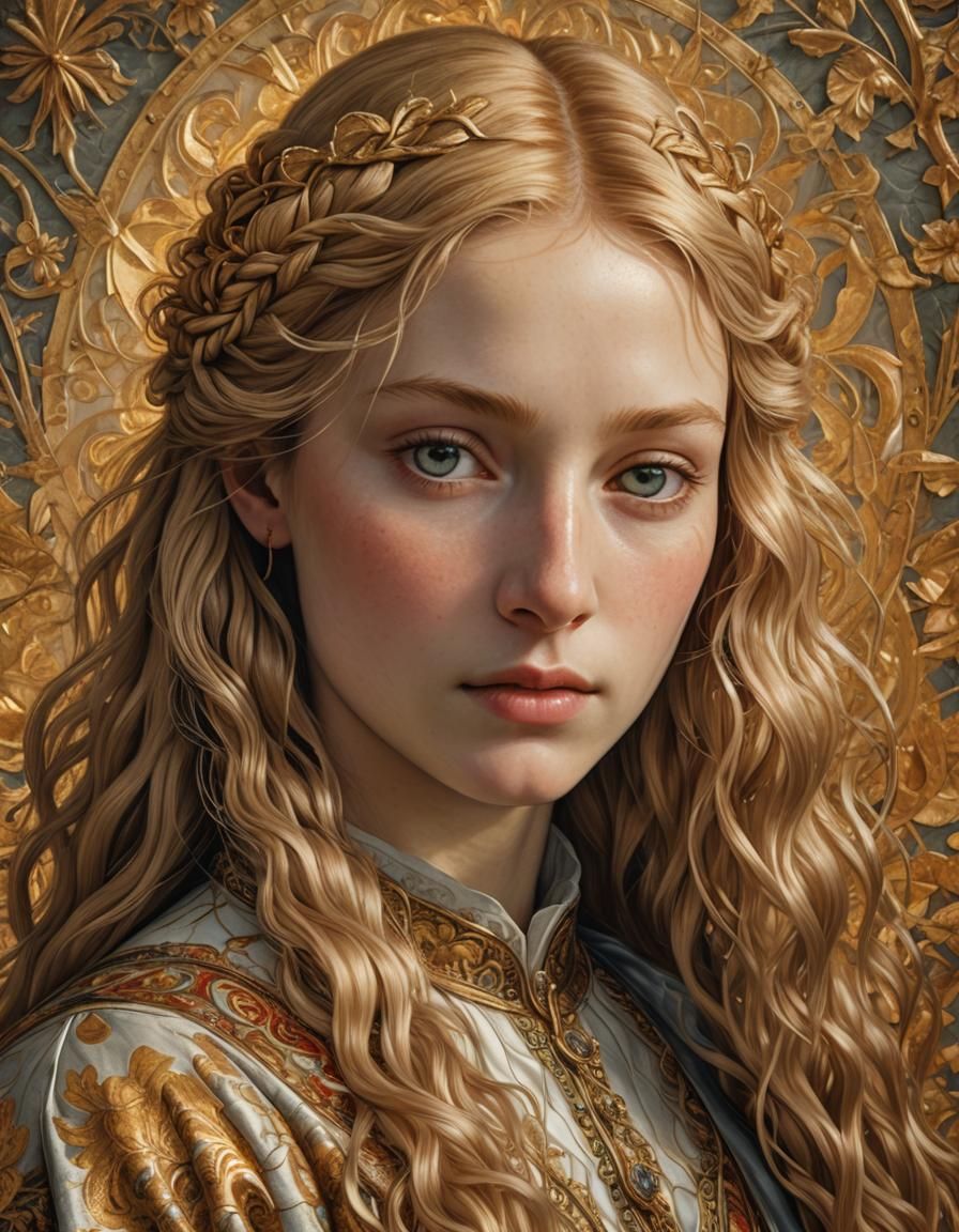 Renaissance Portrait: Golden-Haired Girl with Fractal Detail...
