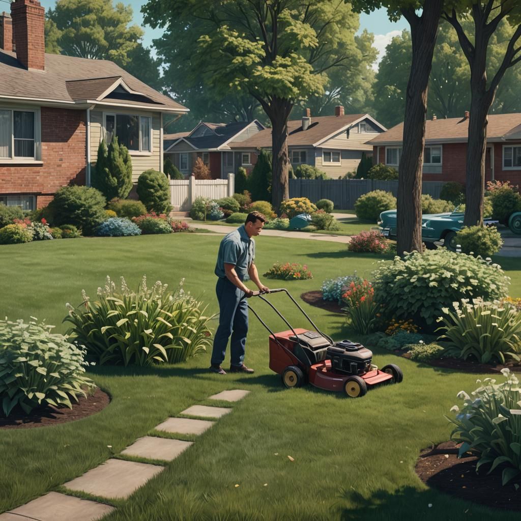 Man Mowing Lawn in 1950s Suburban America