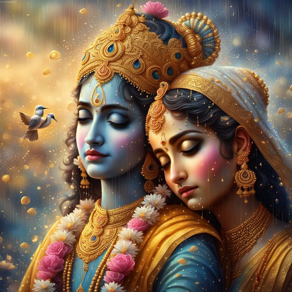 Beautiful Picture of Radha and Krishna golden rain HD backgr...