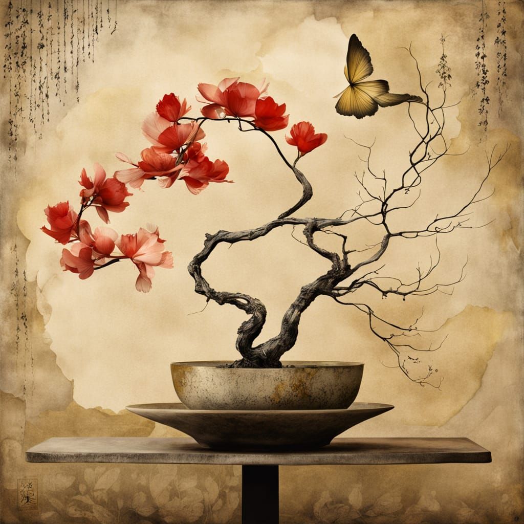 Whimsical Ikebana Arrangement in Sumi-e Ink Art