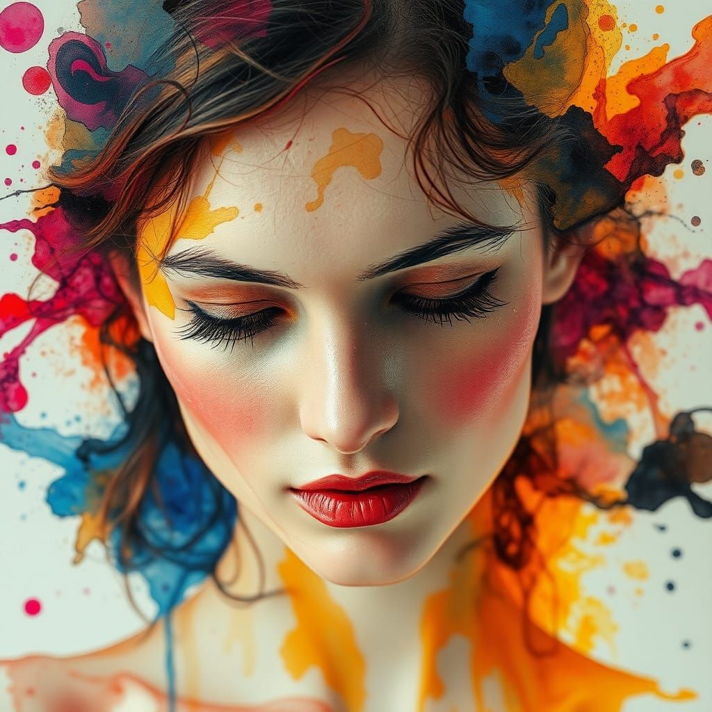 Ethereal Portrait: Woman in Swirling Ink Splashes