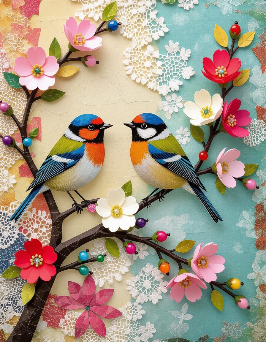 Whimsical Collage of Birds on Blooming Branch