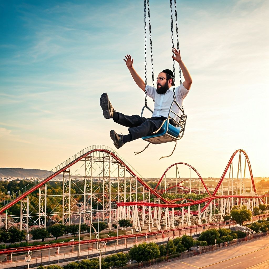 Haredi Man's Joyful Ride Above Amusement Park